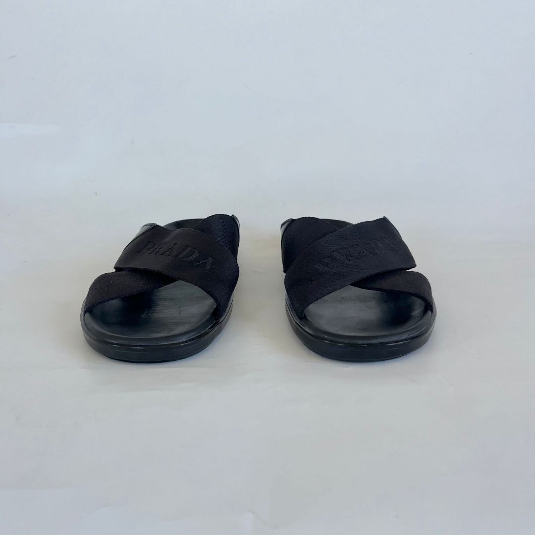 Pre-owned Prada Brushed Leather And Re-nylon Tape Crisscross Slides