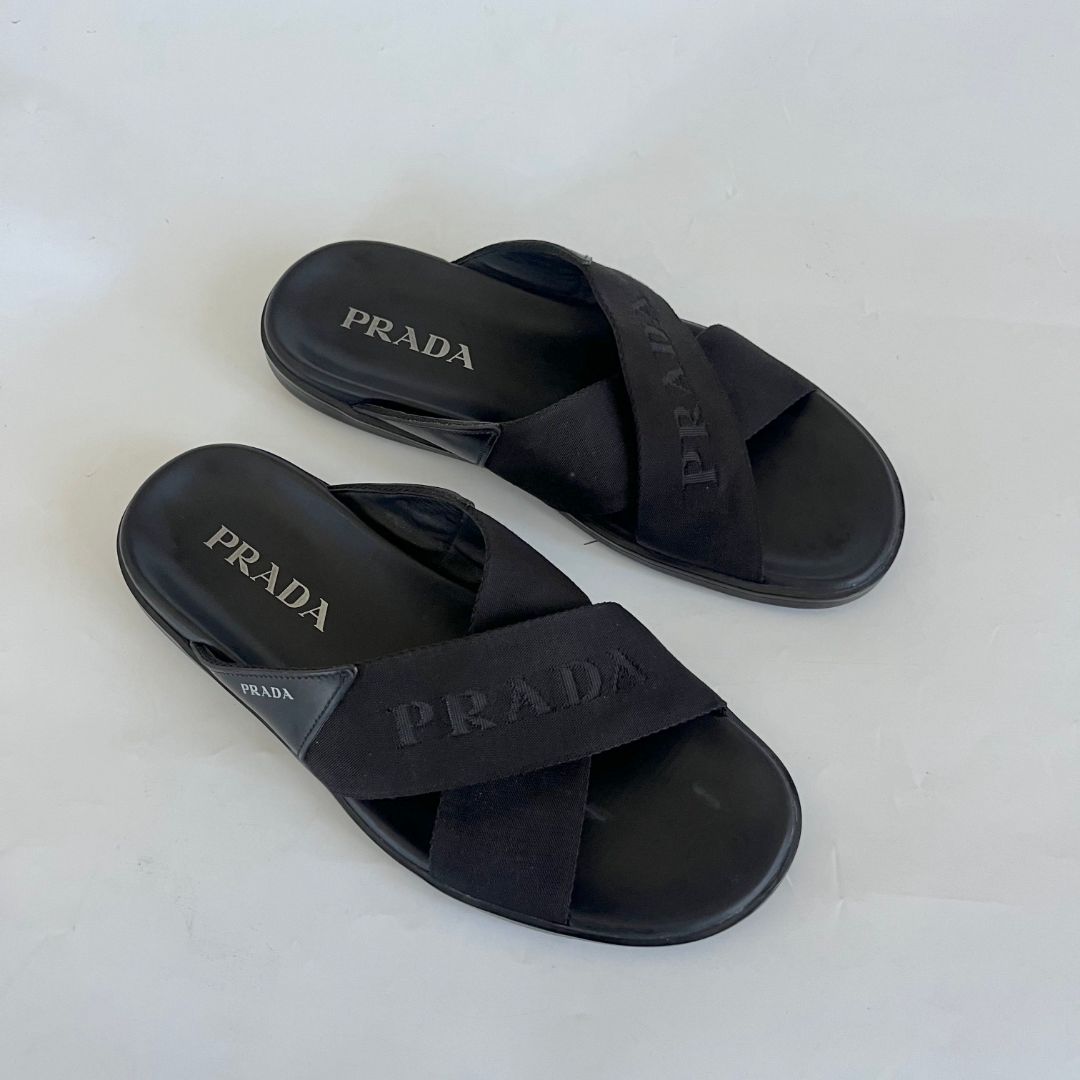 Pre-owned Prada Brushed Leather And Re-nylon Tape Crisscross Slides