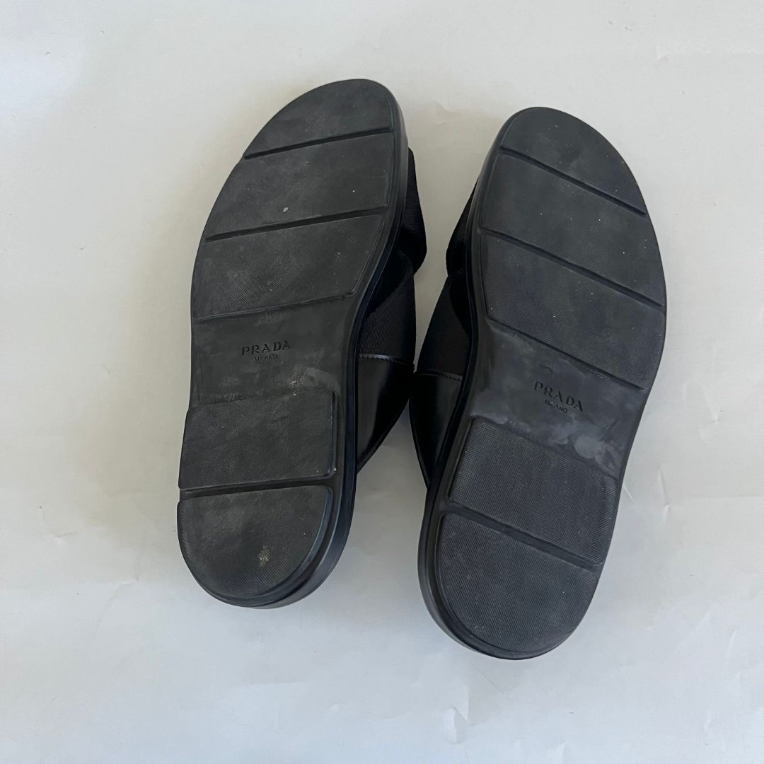 Pre-owned Prada Brushed Leather And Re-nylon Tape Crisscross Slides