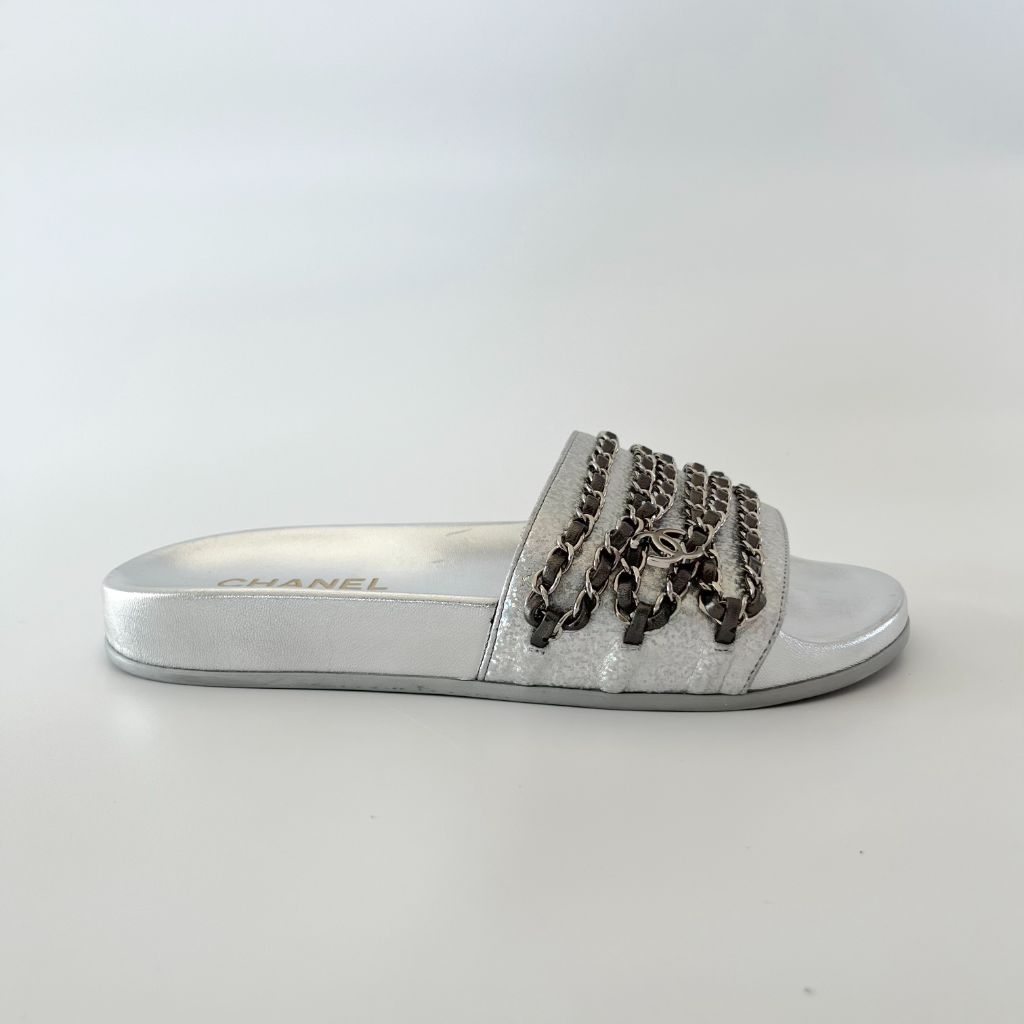 Chanel Silver Leather Tropiconic Chain Detail Flat Sandals, 38 - BOPF |  Business of Preloved Fashion