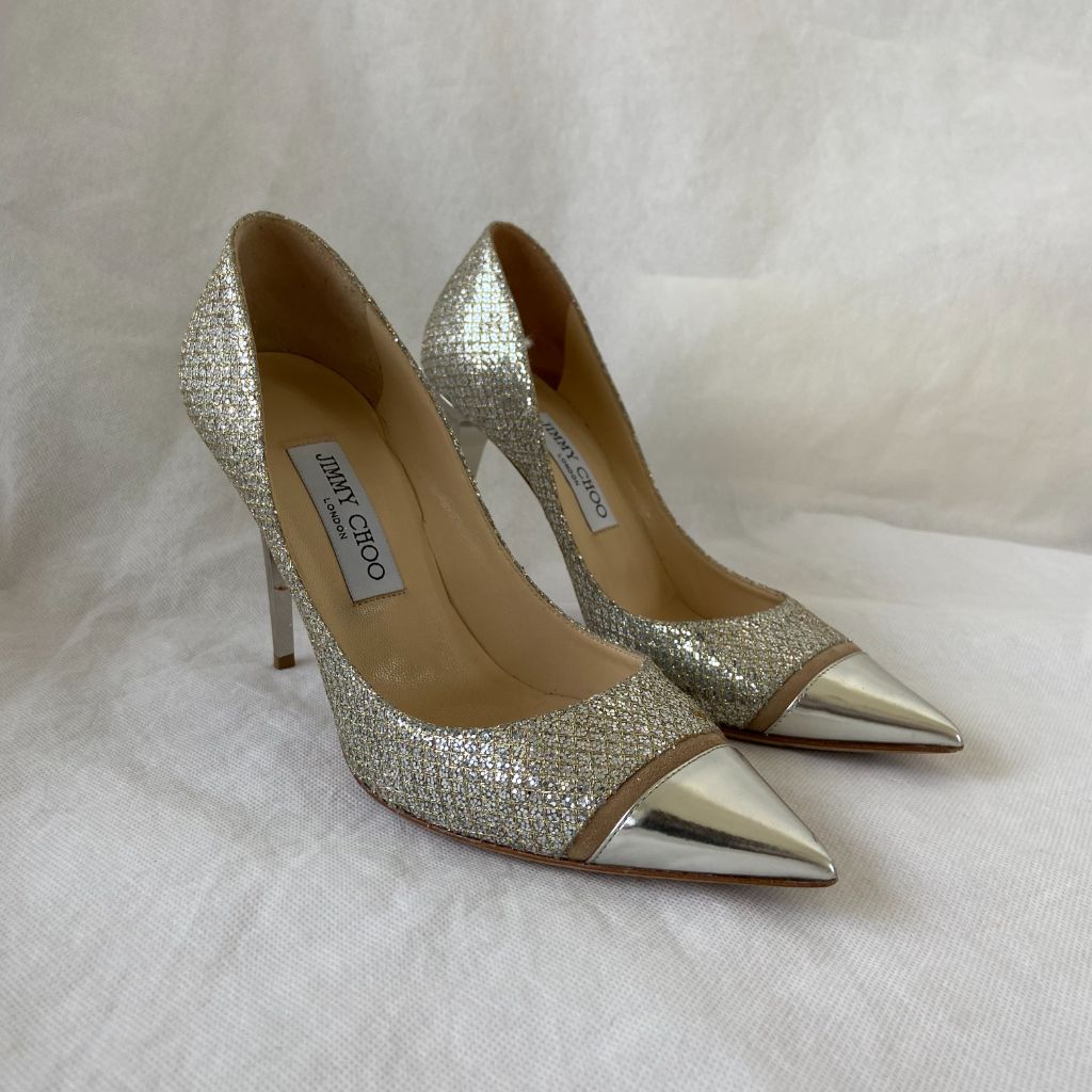 Jimmy Choo Silver Lurex Fabric And Leather Pointed Toe Pumps, 38