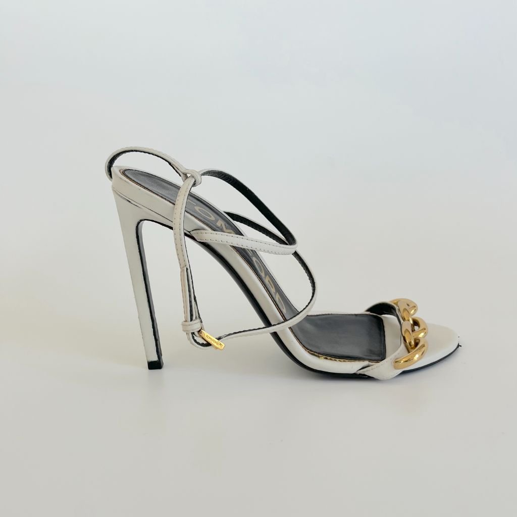 Tom Ford White Sandal Heels with Chunky Gold Chain Toe Strap, 39 - BOPF |  Business of
