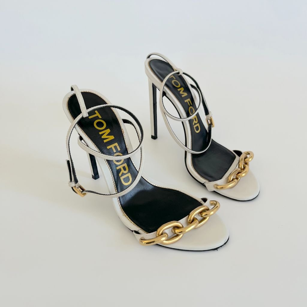 Tom Ford White Sandal Heels with Chunky Gold Chain Toe Strap, 39 - BOPF |  Business of