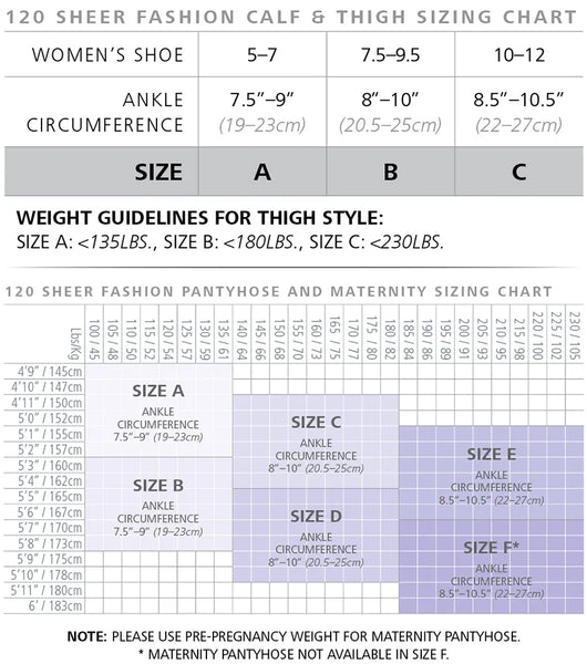 Sigvaris 120C Sheer Fashion Knee High Size Chart