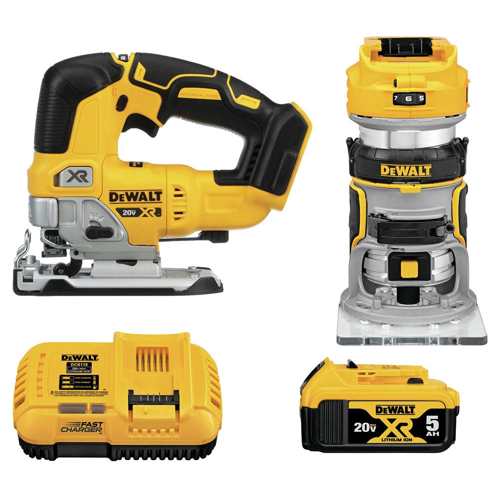 DEWALT 20V MAX Lithium-Ion Cordless 2-Tool Kit with Compact Brushless Router and Jigsaw 5.0 Ah — Toolbarn.com