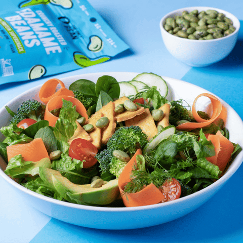 Fresh salad with crunchy edamame bean toppers