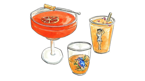 Illustration of three cocktails: one pink cocktail in a coupe glass with a rock sugar garnish and two ginger ale cocktails in tumbler glasses