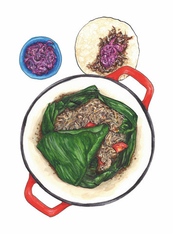 illustration of pork pibil taco filling in a large casserole with red handles, with a blue dish of pickled red onions and a taco with the filling in it on the side