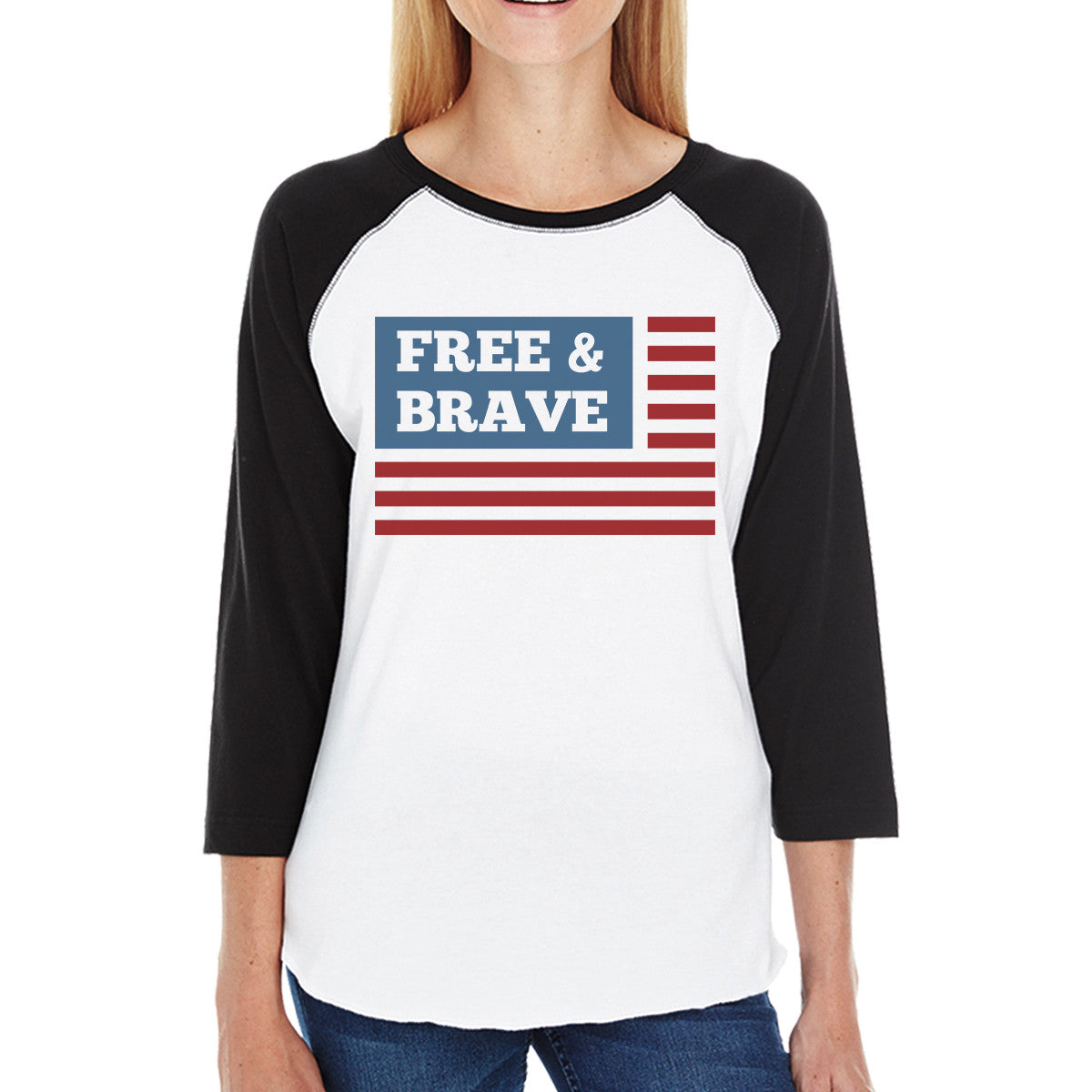 Free & Brave Us Flag Womens Black Raglan Tee Shirt Cotton Cr