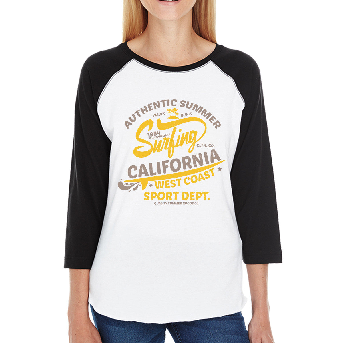 Authentic Summer Surfing California Womens Black And White Baseball Shirt
