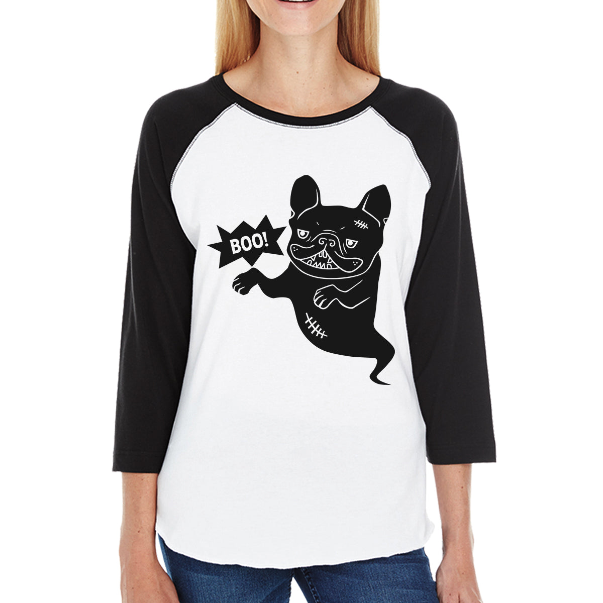Boo French Bulldog Ghost Womens Black And White BaseBall Shirt