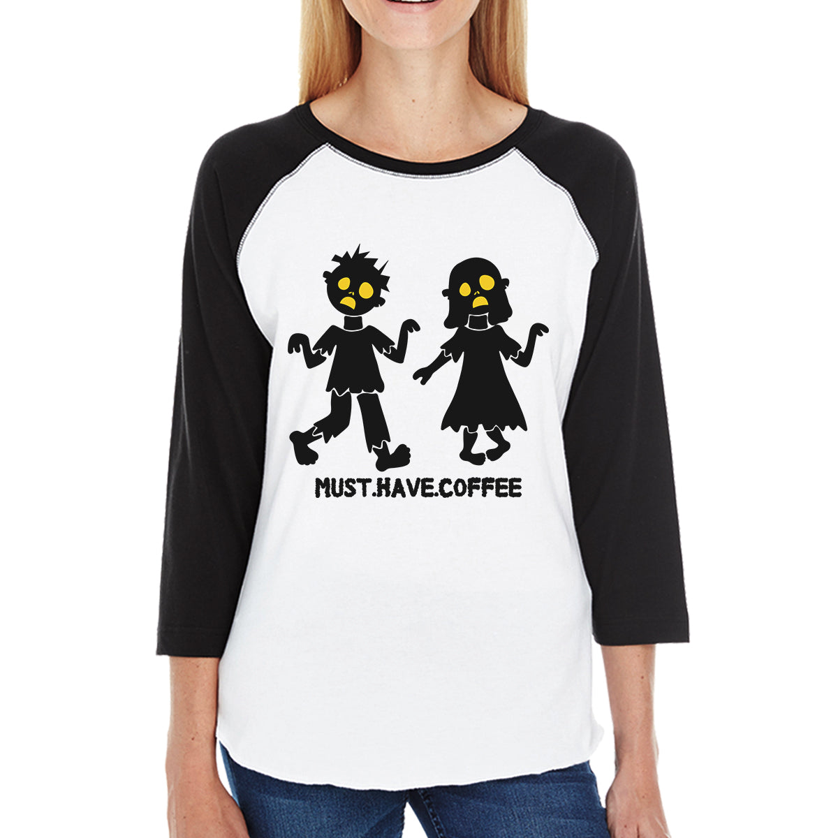 Must Have Coffee Zombies Womens Black And White BaseBall Shirt