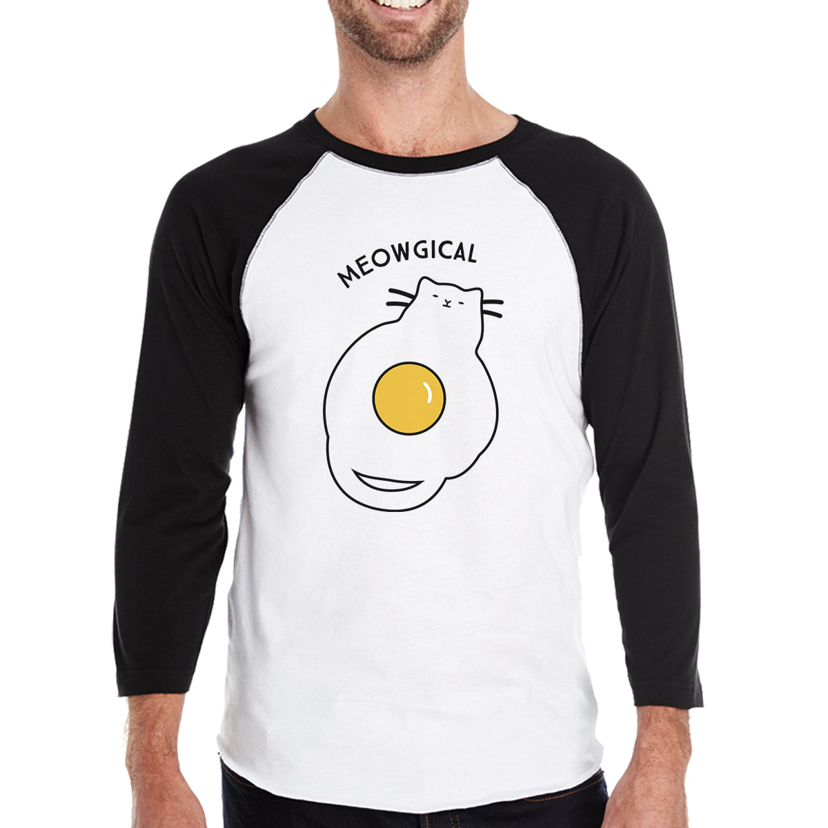 Meowgical Cat And Fried Egg Mens Black And White Baseball Shirt