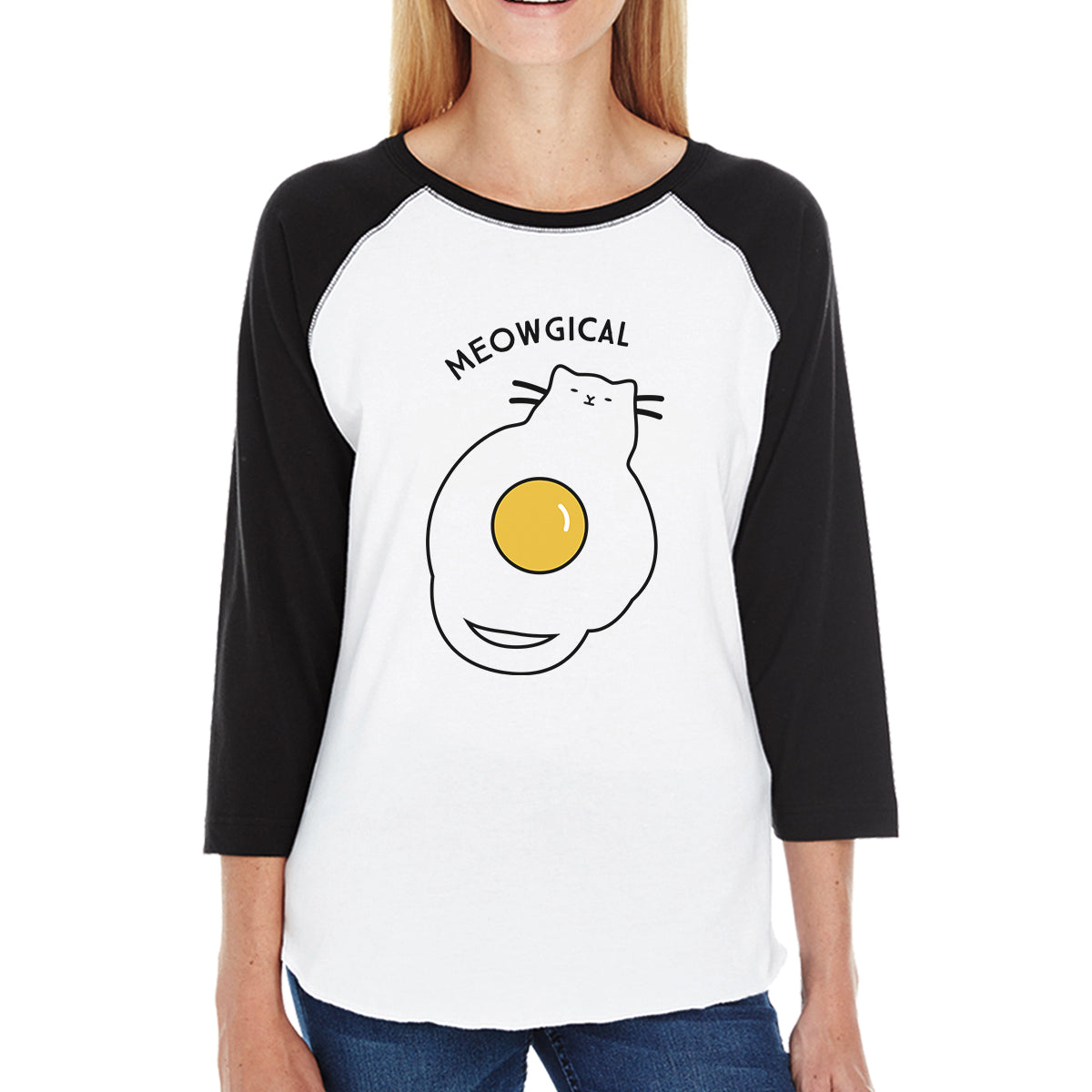 Meowgical Cat And Fried Egg Womens Black And White Baseball Shir
