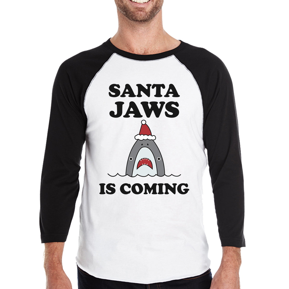Santa Jaws Is Coming Mens Black And White Baseball Shirt