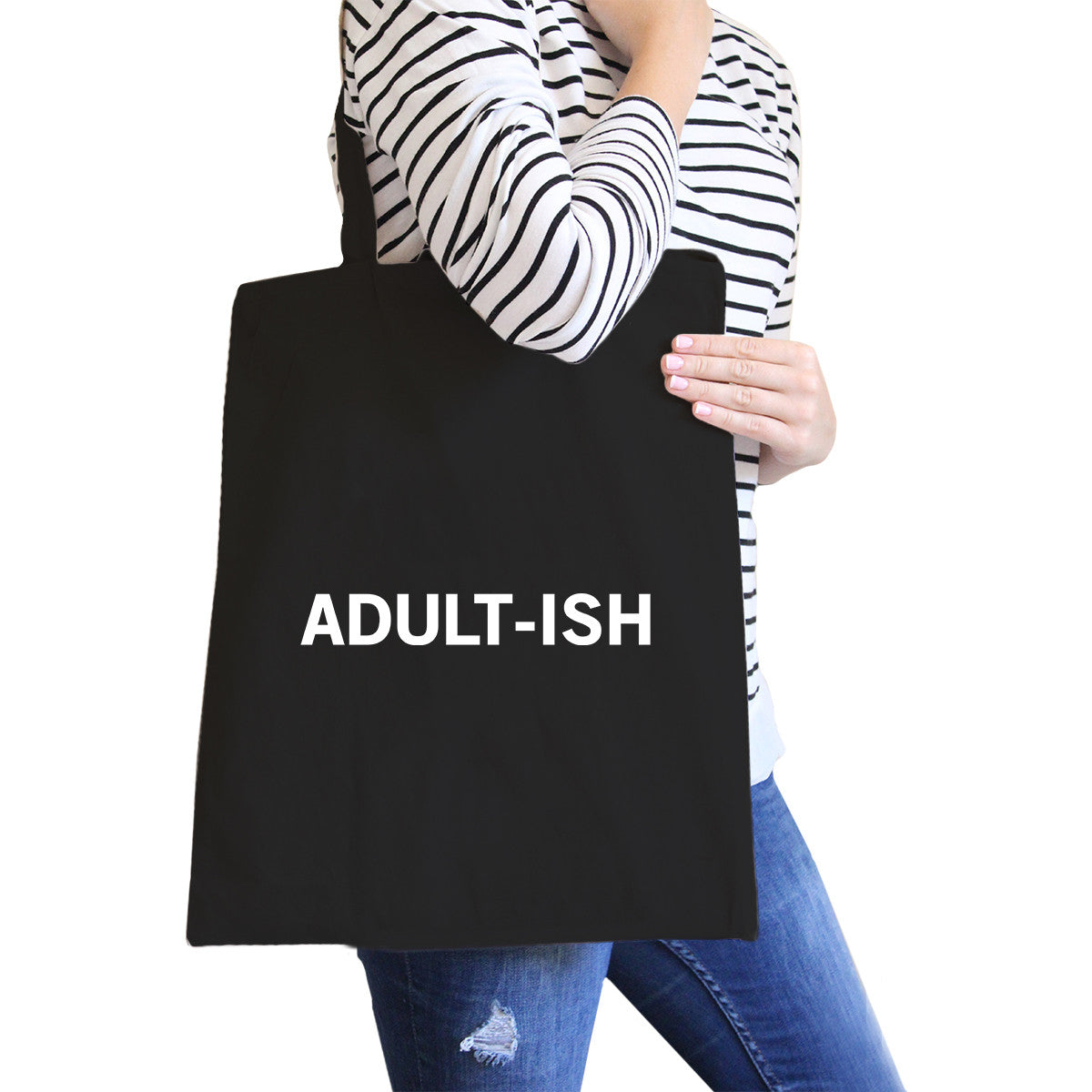 Adult-ish Black Canvas Bag Trendy Varsity Tote For College Stude