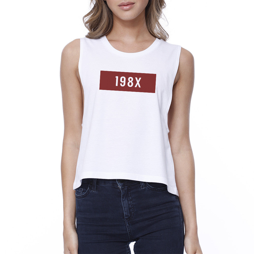 198X Womens White Cute Design Crop Tee Unique Graphic Crew Neck