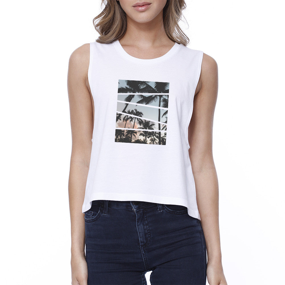 Palm Trees California Sunset Women White Loose Fit Crop Tee Shir