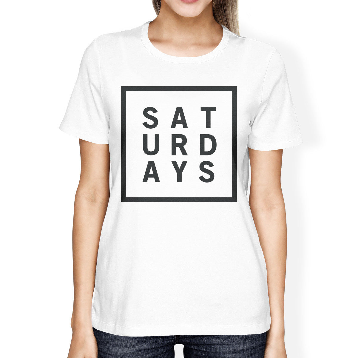 Saturdays Girls White Tops Cute Short Sleeve Tee Typographic Pri