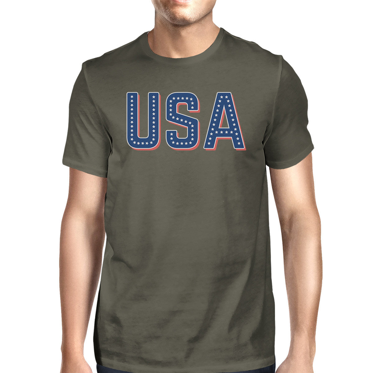 USA With Stars Mens Dark Grey Crewneck Graphic Tee For 4th Of Ju
