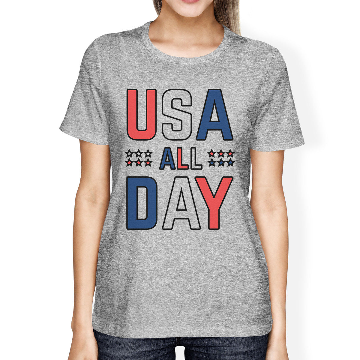 USA All Day Womens Grey Tee Funny Graphic T-Shirt For 4th Of Jul