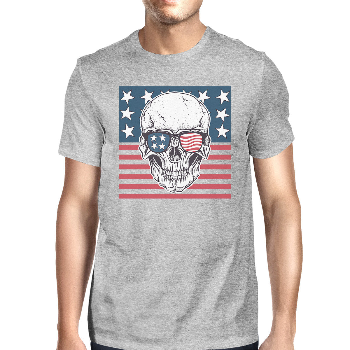 Skull American Flag Shirt Mens Gray Round Neck Tee Gifts For Dad