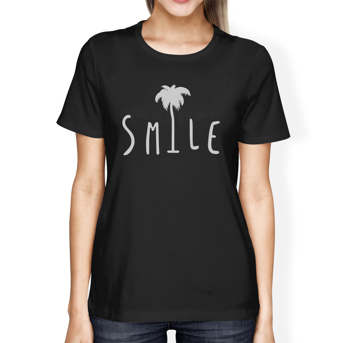 Smile Palm Tree Black Womens Funny Design Short Sleeve Tee Cotto