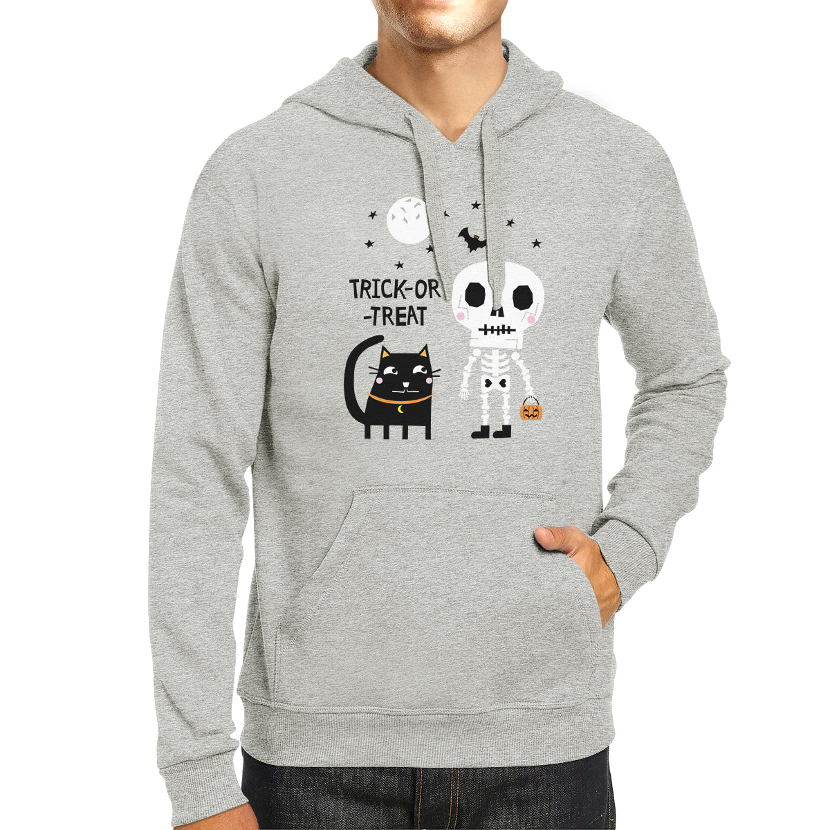 Trick-Or-Treat Skeleton Black Cat Grey Hoodie