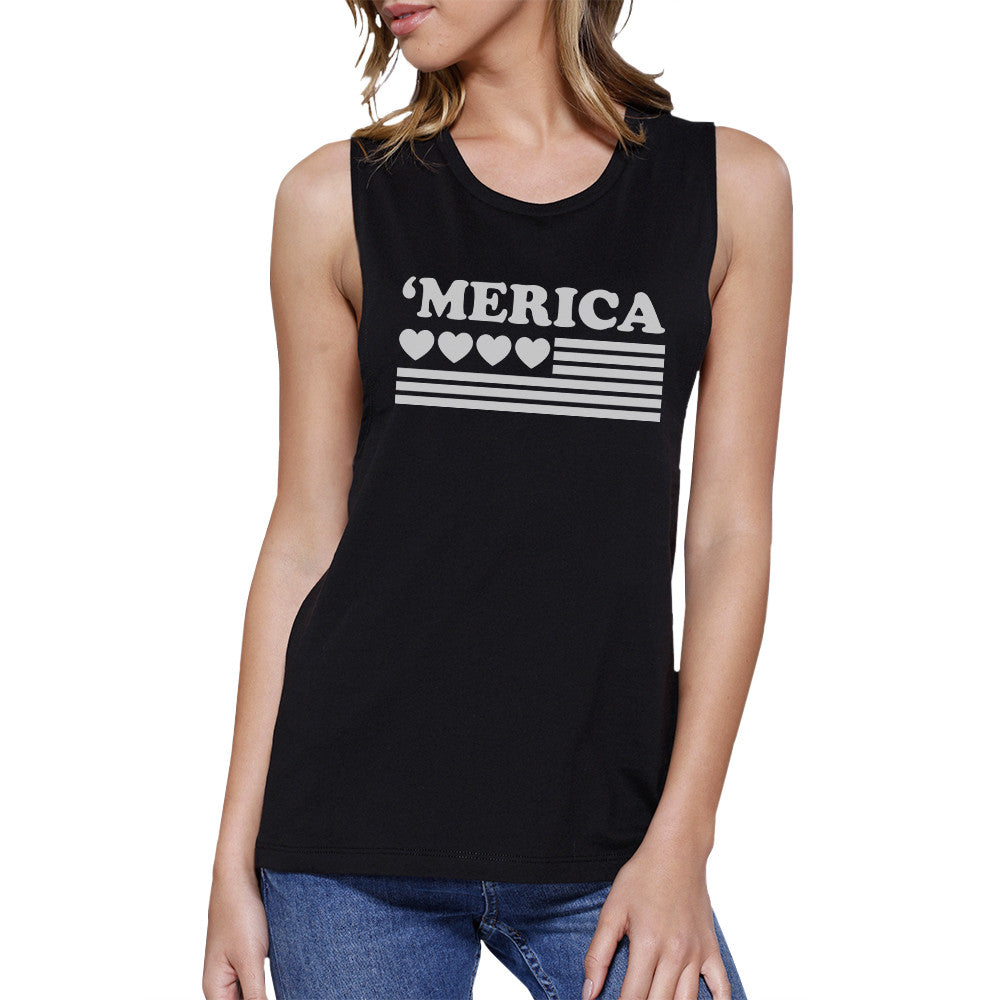 'Merica Womens Black Cotton Muscle Tee American Flag With He