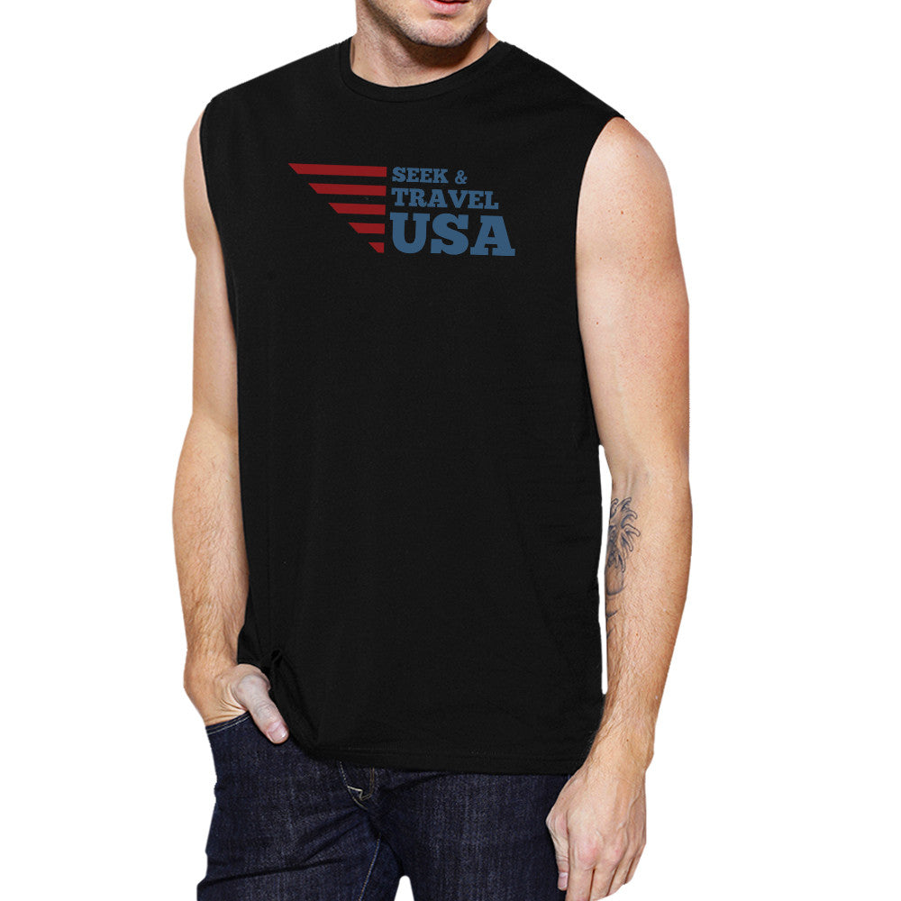 Seek & Travel USA Mens Black Sleeveless Tee Shirt Round Neck