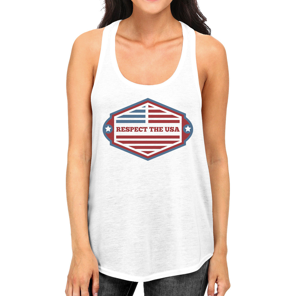 Respect The USA Womens White Sleeveless Tee Funny 4th Of July Ta