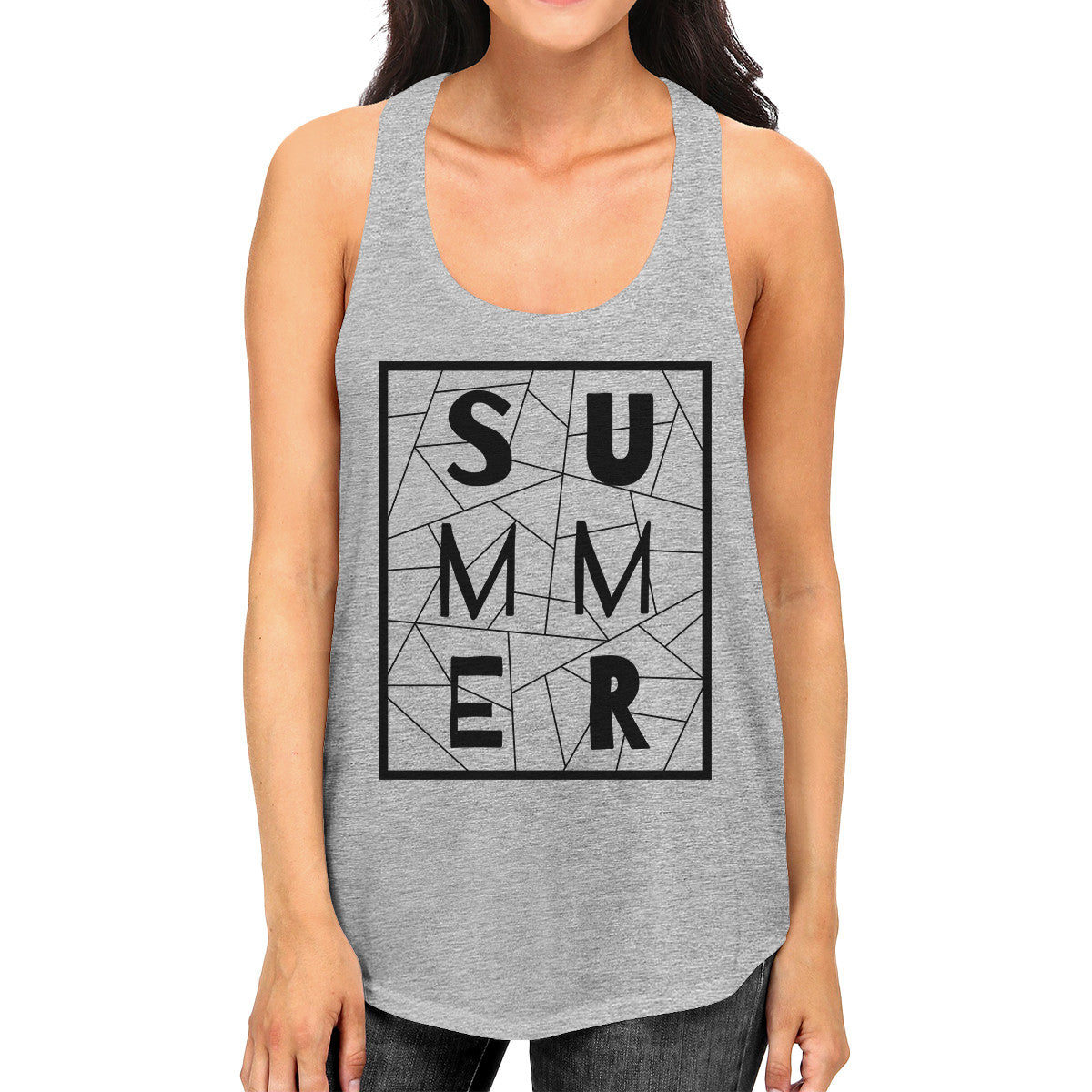 Summer Geometric Womens Grey Sleeveless Tee Trendy Lettering Tan