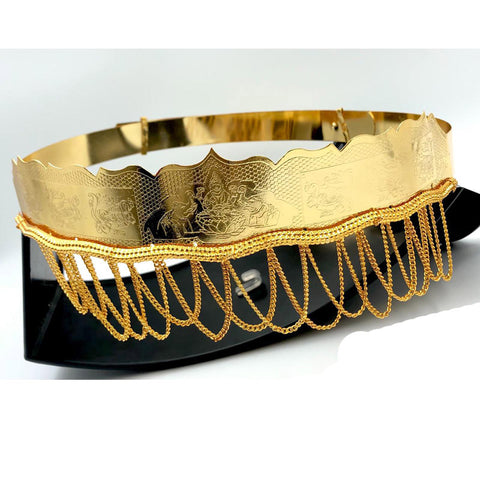 Gold Plating Goddess Gajalakshmi Carved Waist Belt (Kamarband) in