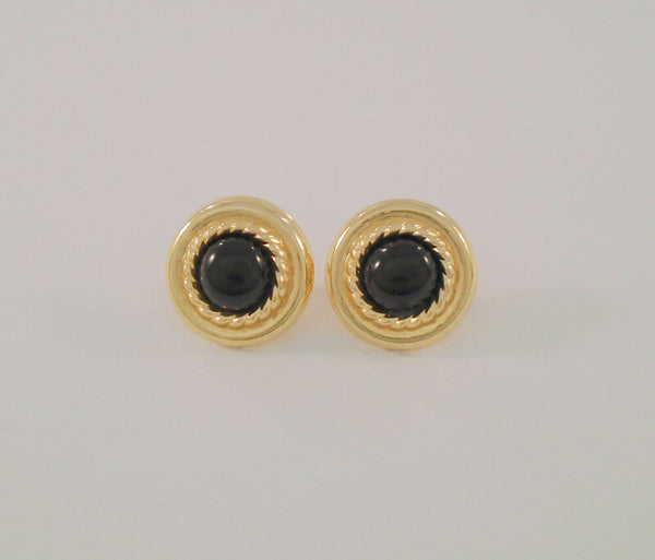 Vintage 14K Yellow Gold Black Onyx Circle Stud Post Earrings