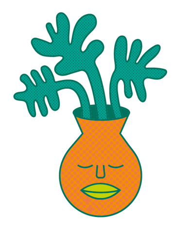 a Graphic image of an orange 8Track spiced rum plant pot with a sleeping face on it and slender green stalks coming out of the top of the plant