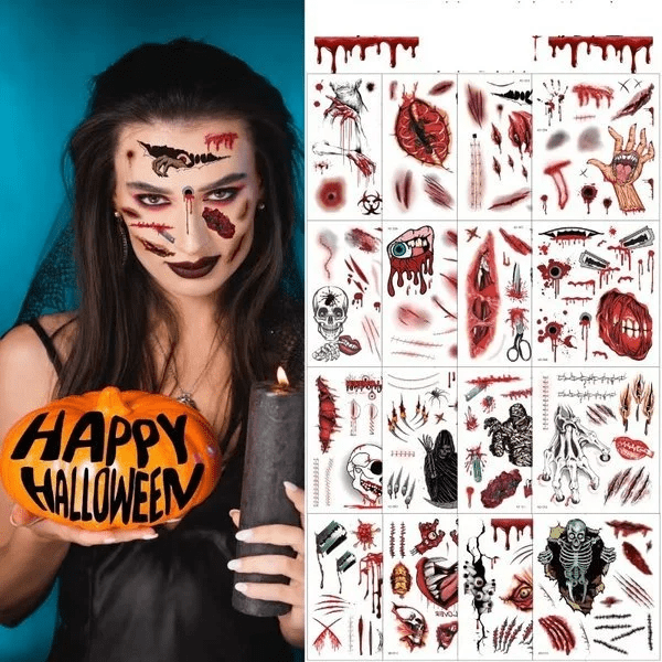 9pcs Horror Realistic Fake Bloody Wound Stitch Scar Scab Waterproof Temporary  Tattoo Sticker Halloween Masquerade Prank Makeup Props