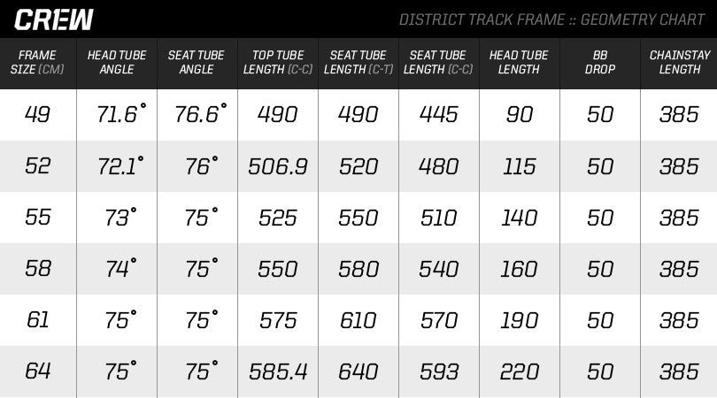 track bike size chart