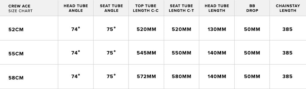 track bike size chart