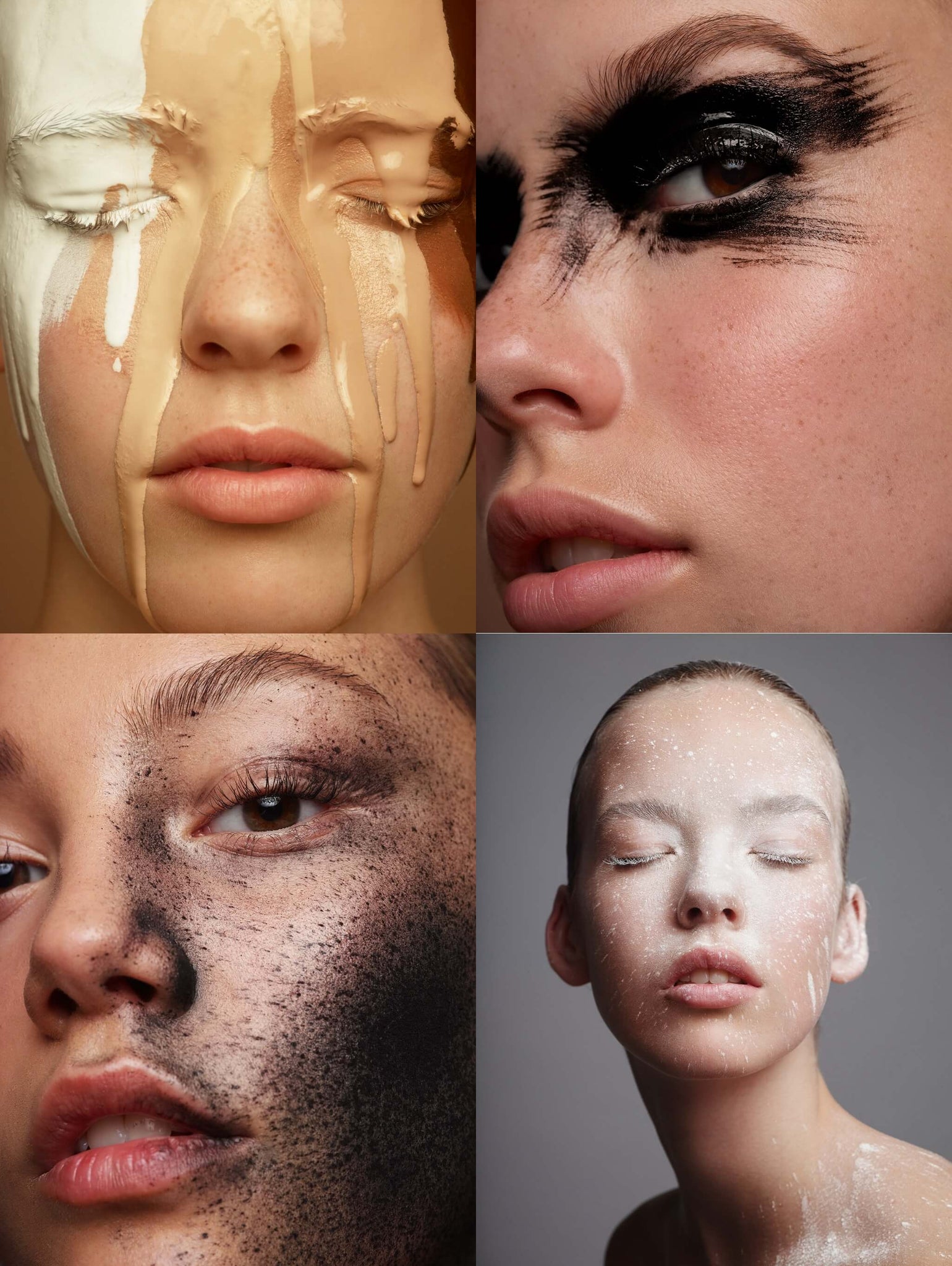 Four model close ups of various paint mediums smeared on the face