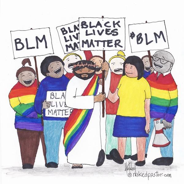 Jesus at a Black Lives Matter march with a rainbow LGBTQ+ sash