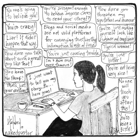"When a Woman Shares her Story Online" cartoon by nakedpastor David Hayward