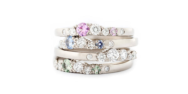 Keto Meadow Spring collection's rings with pastel color sapphires and white diamonds, design by Jussi Louesalmi, Au3 Goldsmiths