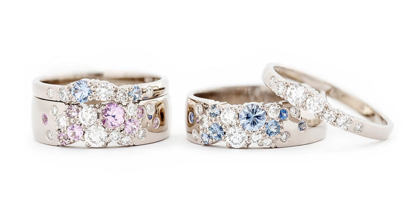 Keto Meadow Spring rings with pastel tone sapphires, design by Jussi Louesalmi