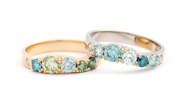 Keto Meadow rings with turquoise and green diamonds. Design Jussi Louesalmi, Au3 Goldsmiths.