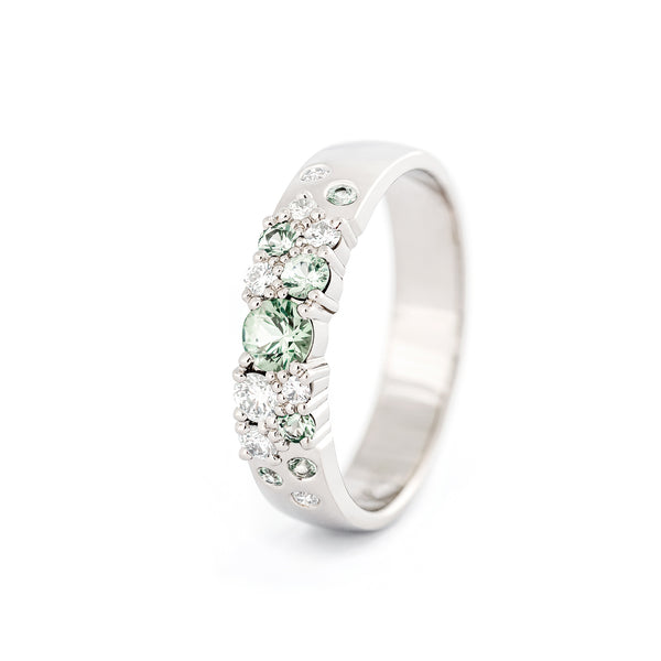 Keto Meadow Spring collection's 4mm ring, pastel green spphires, white tw/vs diamonds, design Jussi Louesalmi