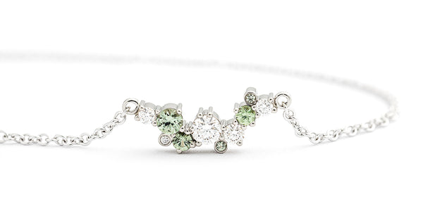 Keto Meadow necklace with lilght green sapphires and white diamonds. Design Jussi Louesalmi, Au3 Goldsmiths.