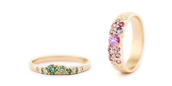 Keto Meadow rings with colorful sapphires and diamonds, design by Jussi Louesalmi, Au3 Goldsmiths