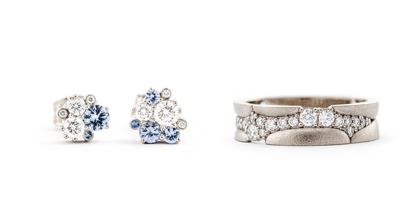 Keto timanttikorvakorut pastellin sinisillä safiireilla, design Jussi Louesalmi, ja Kymi timanttisormus design Tero Hannonen