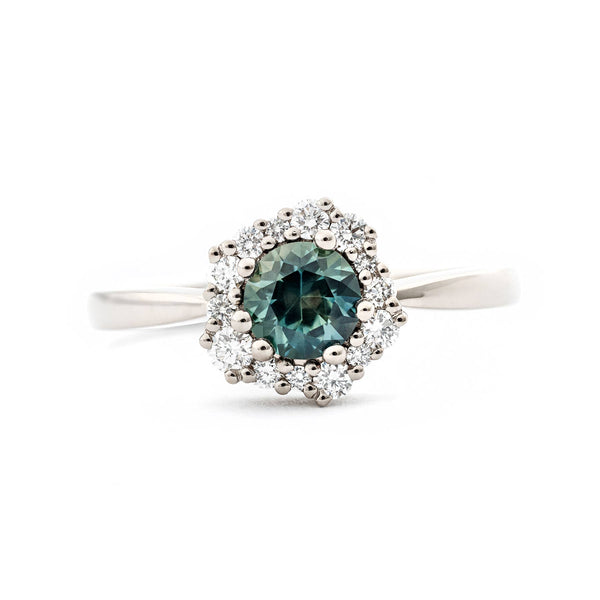 Lilibet ring with Montana Green sapphire and white tw/vs diamonds, design by Jussi Louesalmi, Au3 Goldsmiths