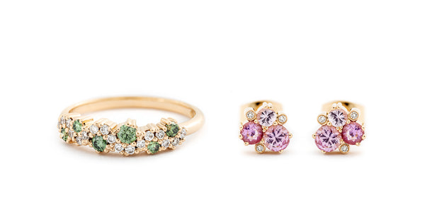 MyWay sormus vihreän sävyisillä ja kirkkailla timanteilla sekä Keto korvakorut timanteilla ja vaaleanpunaisilla safiireilla, design Jussi Louesalmi.